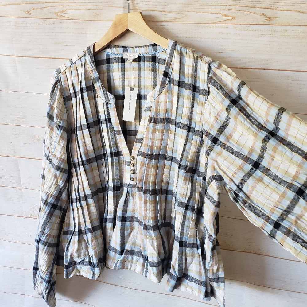 Pilcro Long Sleeve Pleated Plaid Relaxed Swing Blouse Size XL Cotton Elastane - Picture 9 of 15